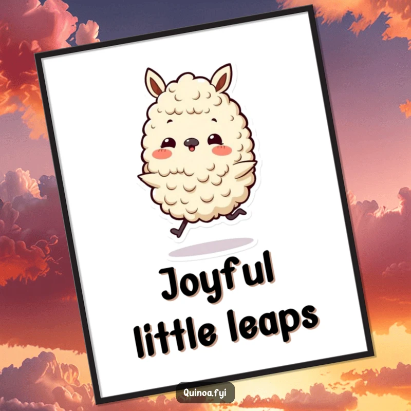 Funny digital art print of a playful quinoa character on tiny legs doing a happy skip, ready for instant download and display.