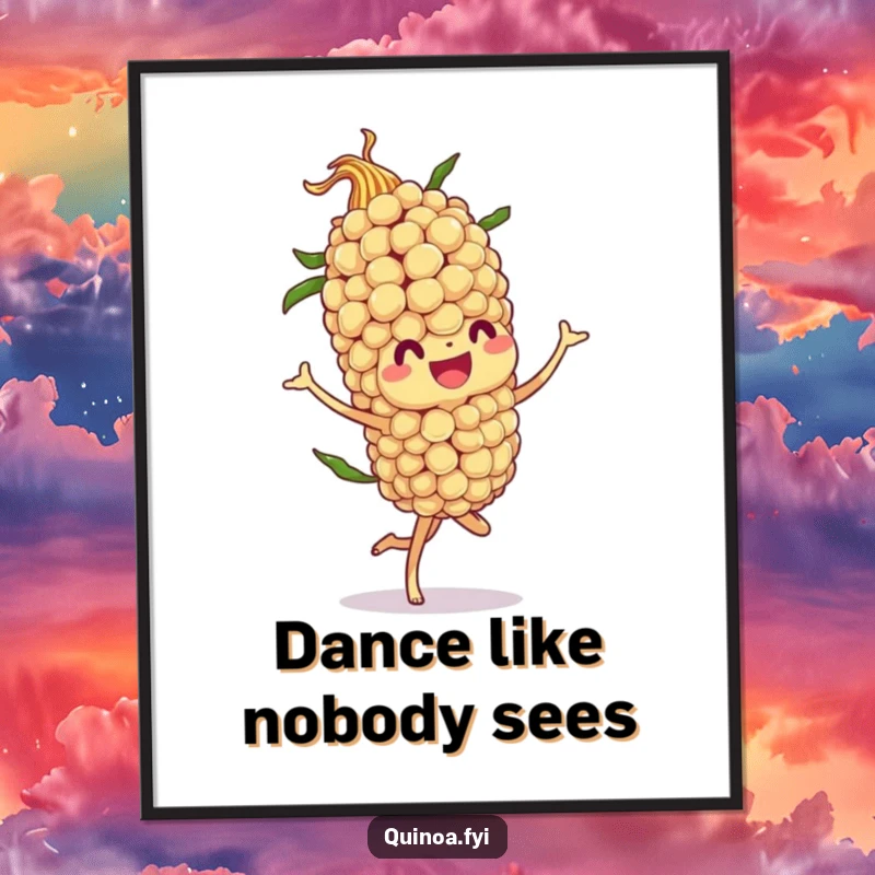 Funny digital art print of a jovial quinoa stalk character doing a flamboyant twirl, ready for instant download and display.