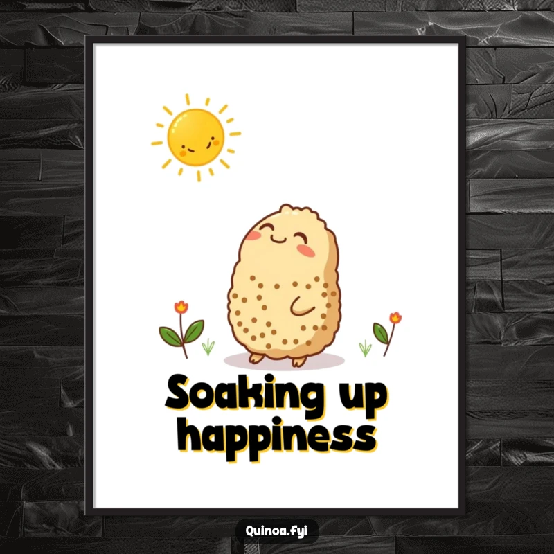 Funny digital art print of a contented quinoa character looking up at a smiling sun graphic, ready for instant download and display.