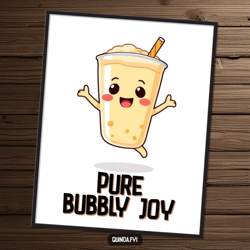 Funny Quinoa Drink Digital Art Print, a bubbly smiley face character in a dynamic joyful leap, instant funny gift.