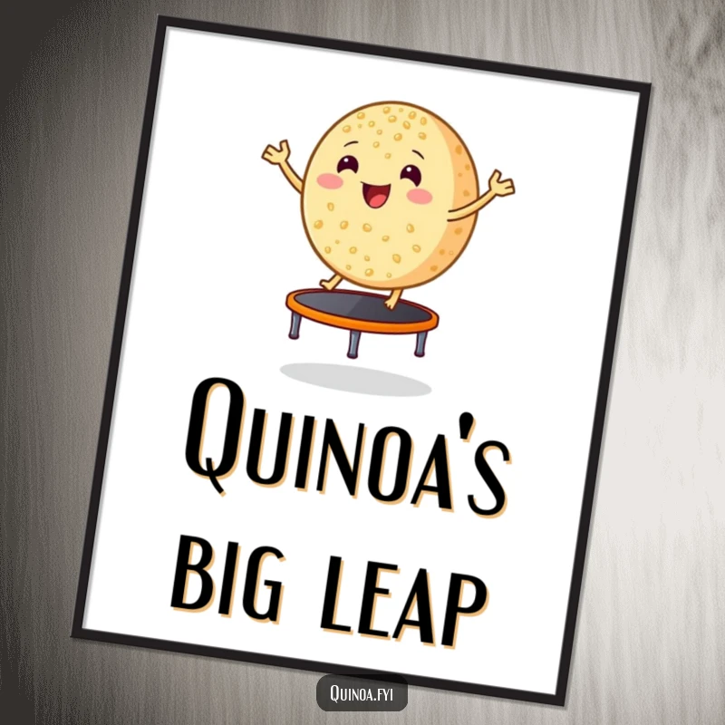 Funny smiling, round grain of quinoa bouncing excitedly on a tiny trampoline, printable digital art, bringing cheerful healthy vibes.