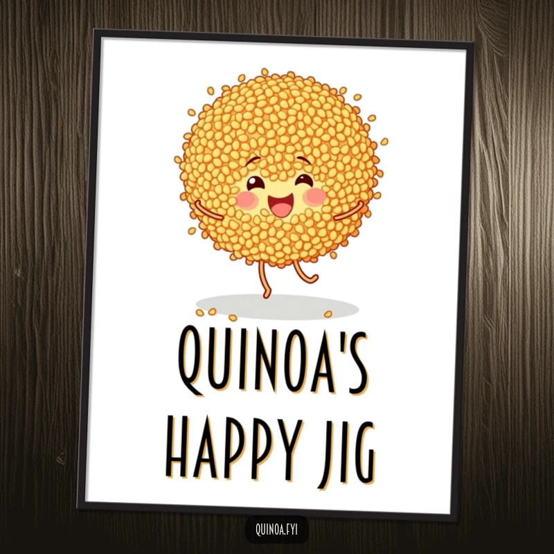 Funny printable art of cheerful quinoa grains doing a happy little dance, adding instant playful and healthy humor.