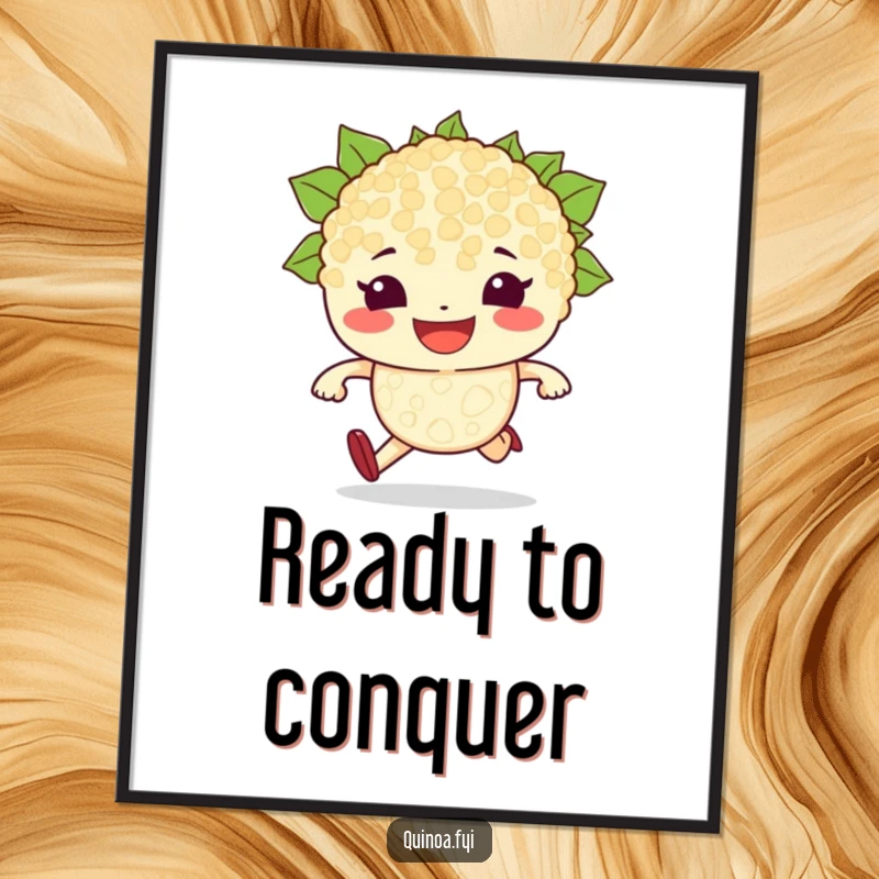 Funny digital art print of a beaming, determined quinoa grain character with a grin, ready to run a race, perfect for motivational decor.