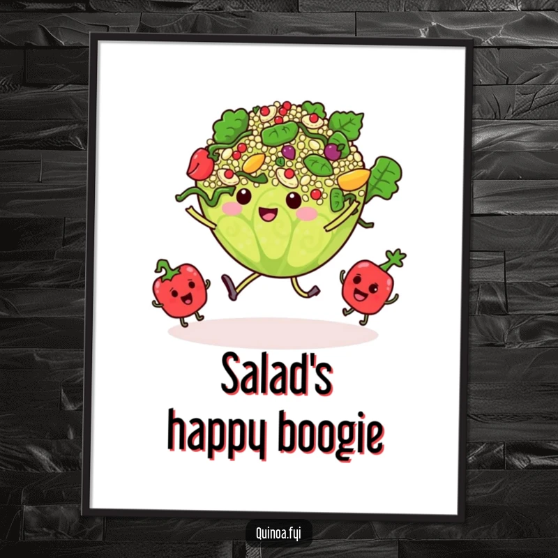 Funny digital art print of a dancing quinoa salad surrounded by tiny, happy, swaying vegetable characters.