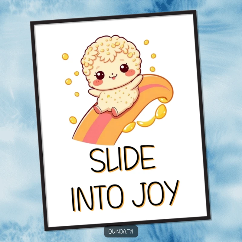 Funny quinoa character sliding down a rainbow made of oil in a digital art print, ready to adorn any wall.