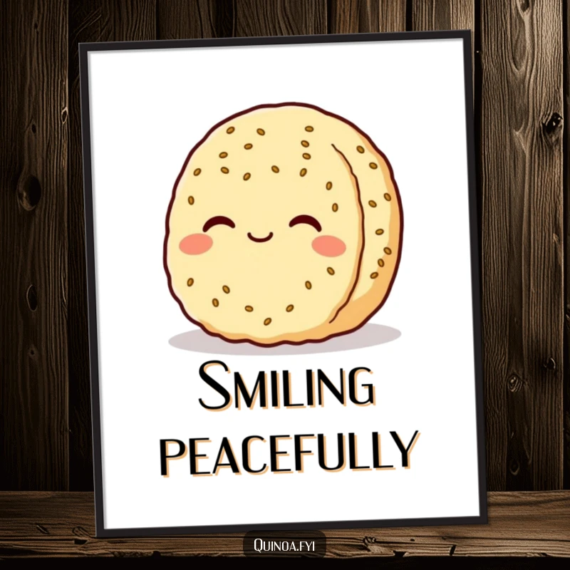 Funny quinoa patty character digital art print, smiling serenely with a contented expression, ideal for creating a serene and calming wall decor.