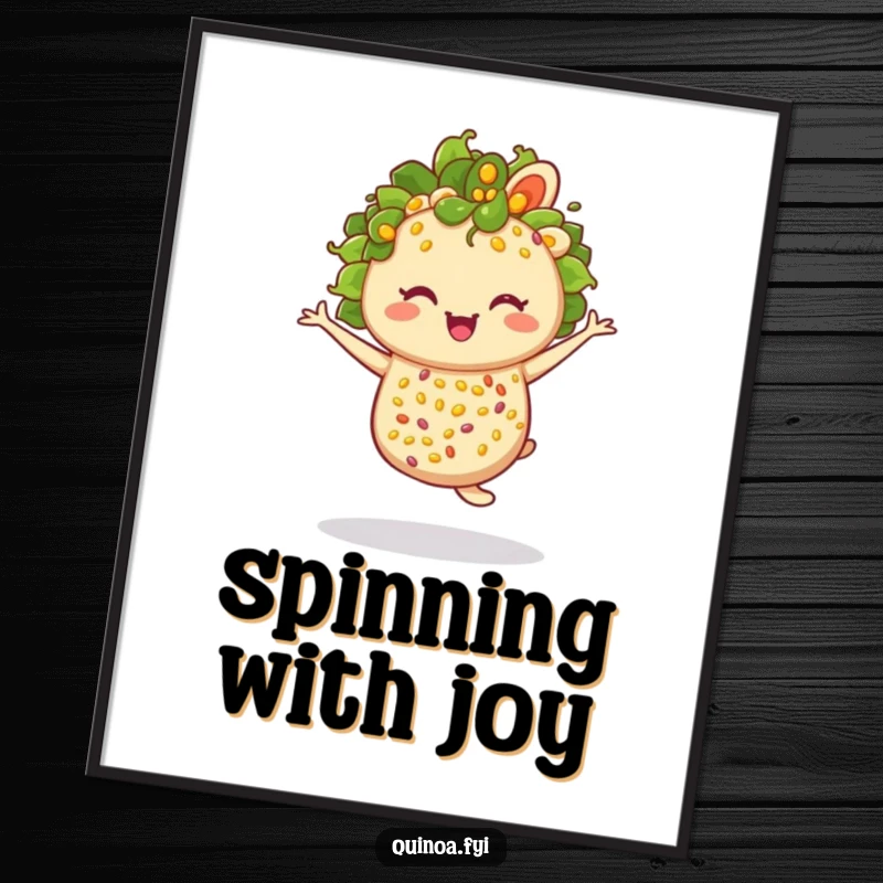 Funny anthropomorphic quinoa salad winking and twirling artistically, a delightful print.