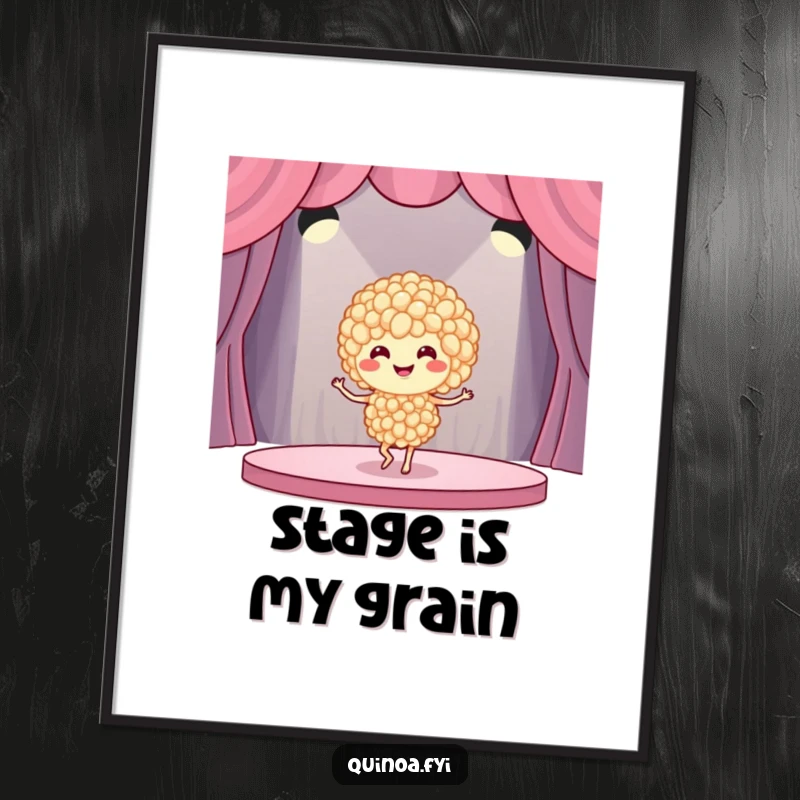 Funny quinoa dancer digital art print of a smiling quinoa grain cluster performing an energetic dance, ready to be printed and displayed.