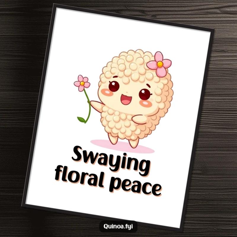 Funny digital art print of a happy quinoa grain with a flower, swaying gently with a peaceful smile.