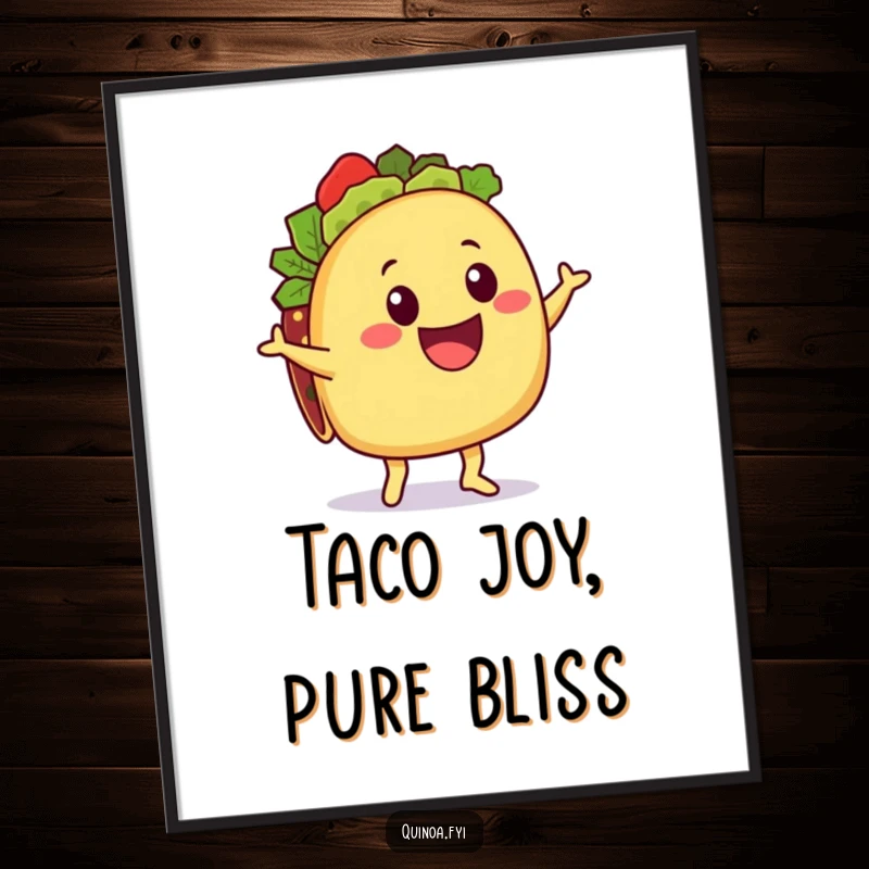 Funny Taco Digital Art Print: A delighted taco character with a quinoa filling doing a happy shimmy, bringing festive humor to your decor.