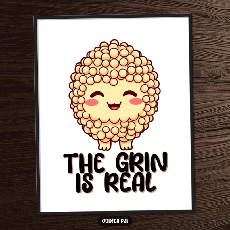 Funny digital art print of a smiling quinoa cluster character with a cheeky grin, perfect for instant download and playful decor.