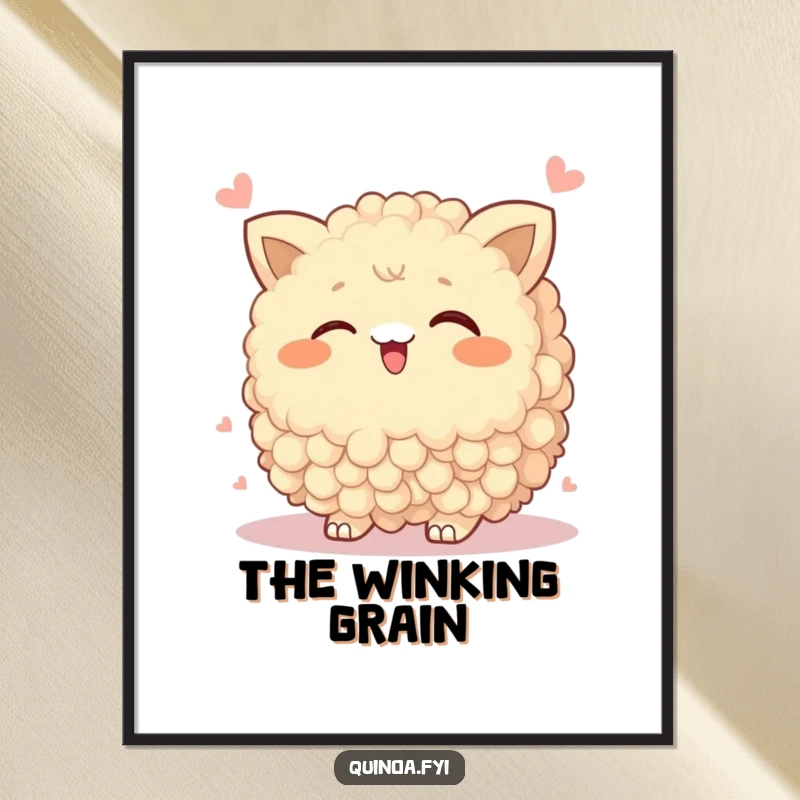 Funny Digital Art Print of a wobbly quinoa cluster winking playfully, a humorous and charming piece for instant decor.