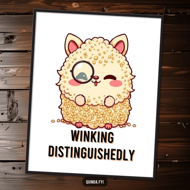 Funny digital art print of a quinoa pile wearing a monocle, winking playfully with sophisticated humor.