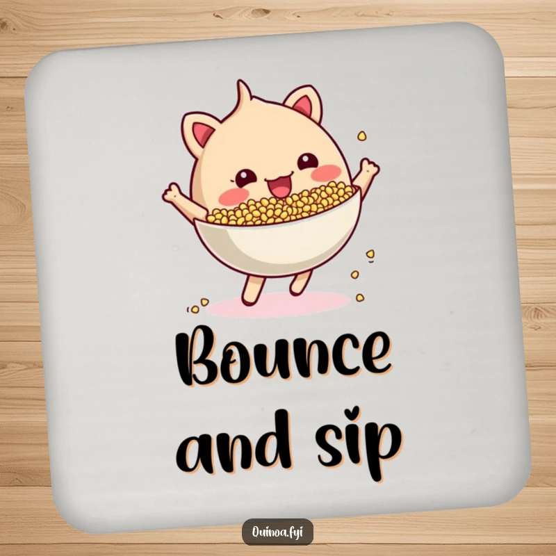 Funny cheerful, anthropomorphic quinoa bowl bouncing energetically coasters, adding a splash of color and protection to your surfaces with a playful character.