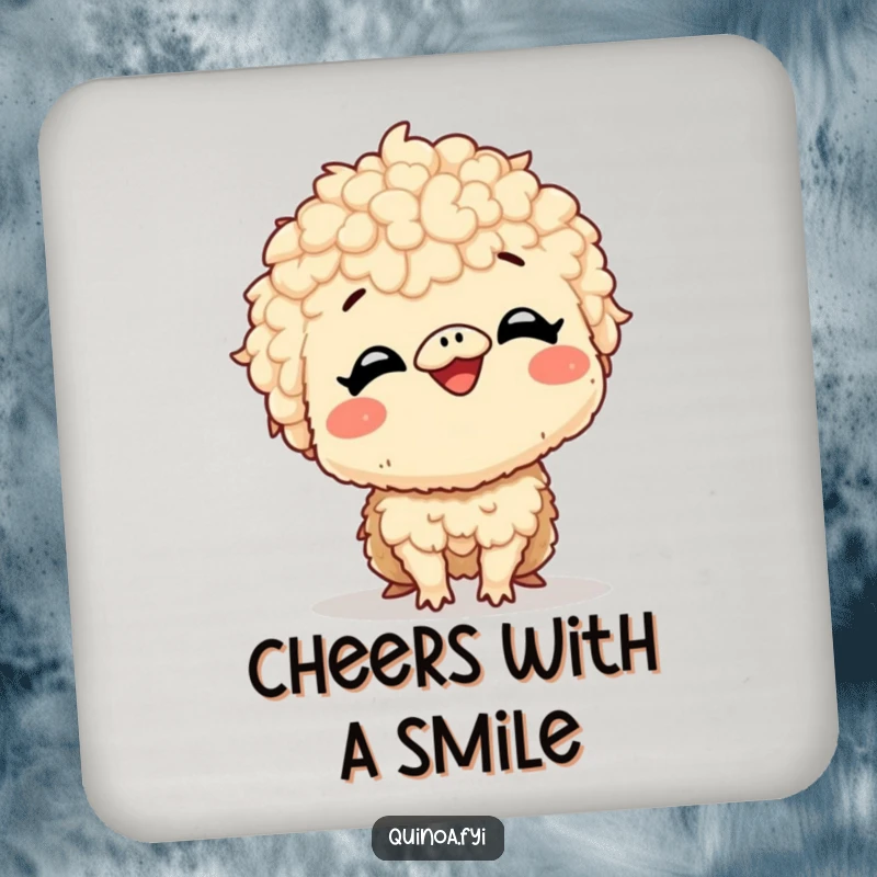 Funny drink coasters with a giggling quinoa creature with a very large, excited smile, adding a touch of cheerful joy to your table.