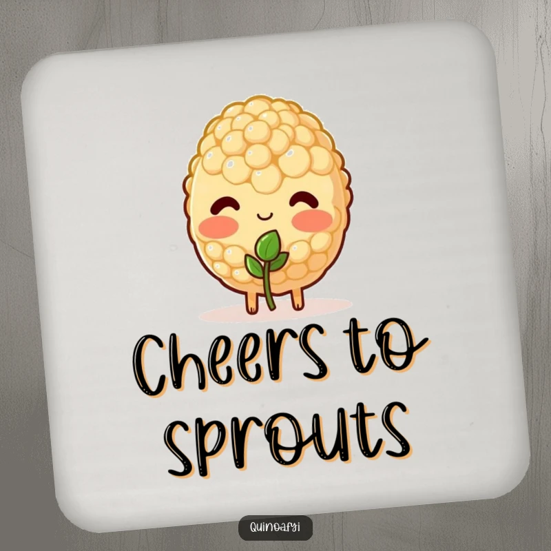 Funny coasters featuring a blushing quinoa character shyly offering a sprout, protecting surfaces with sweetness.