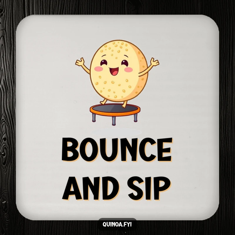 Funny smiling, round grain of quinoa bouncing excitedly on a tiny trampoline, set of drink coasters, adding cheerful healthy decor.