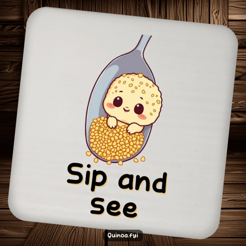 Funny coasters featuring a curious quinoa character peeking around a giant spoon, protecting surfaces with humor.