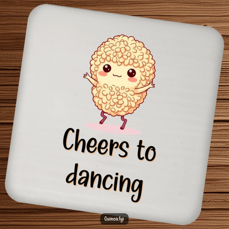Funny drink coaster featuring a quinoa cluster with legs doing a lively and energetic jig.