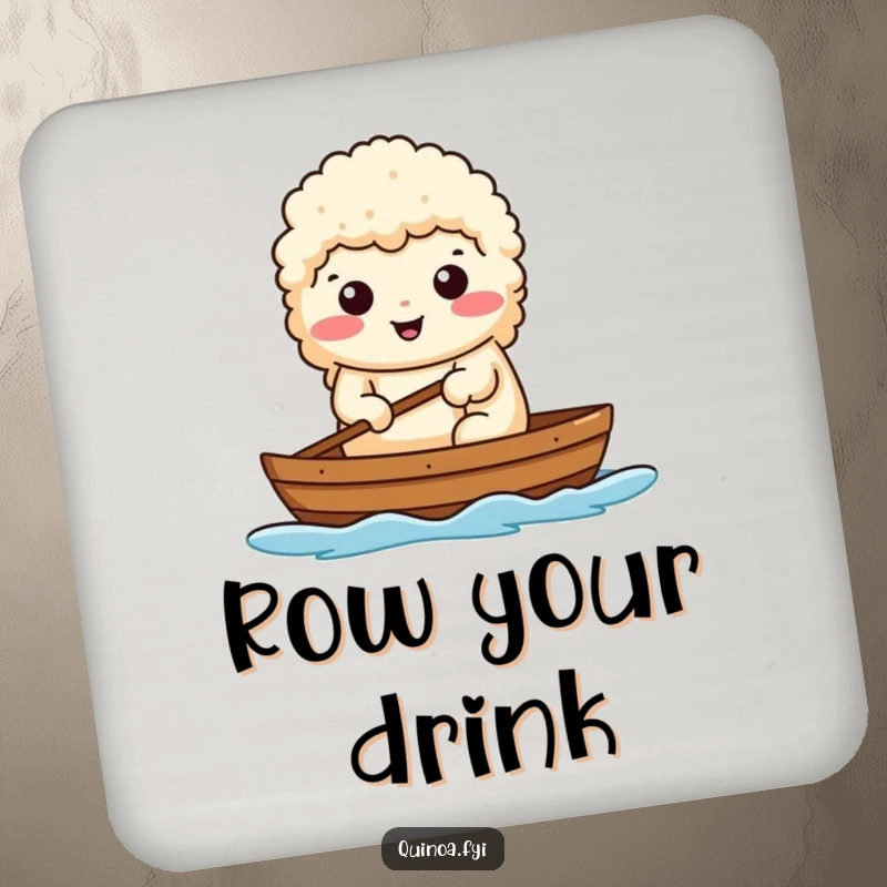 Funny coasters featuring a determined quinoa character rowing a boat, protecting surfaces with ambition.