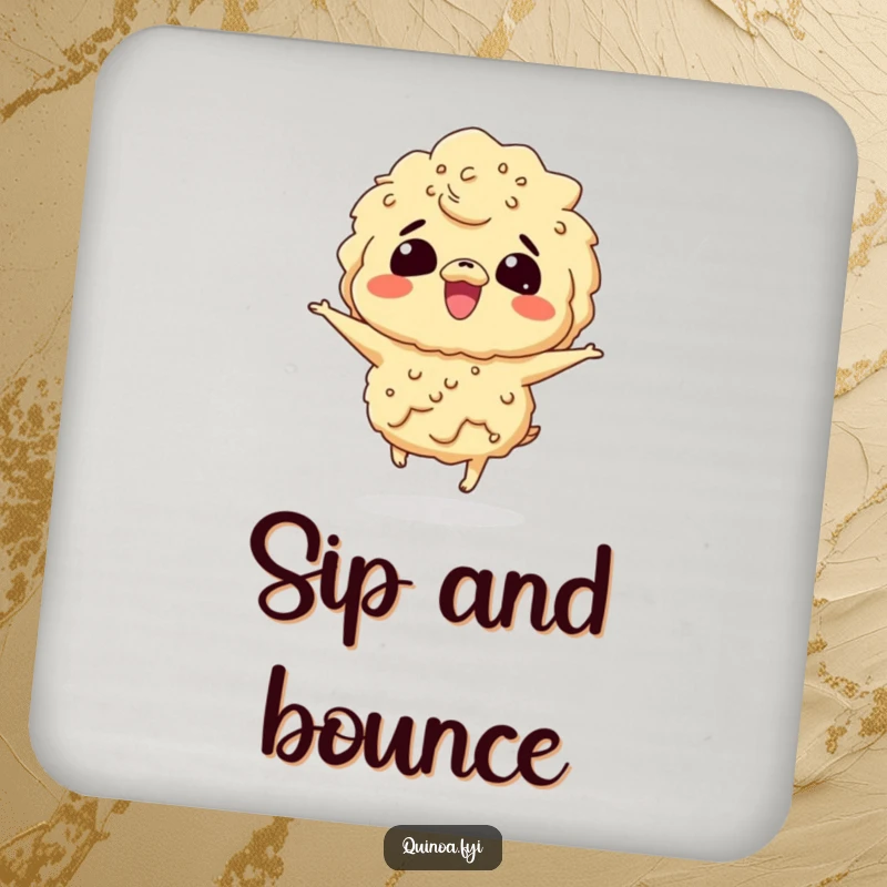 Funny coasters featuring a giggling quinoa character bouncing with excitement, protecting surfaces with humor.