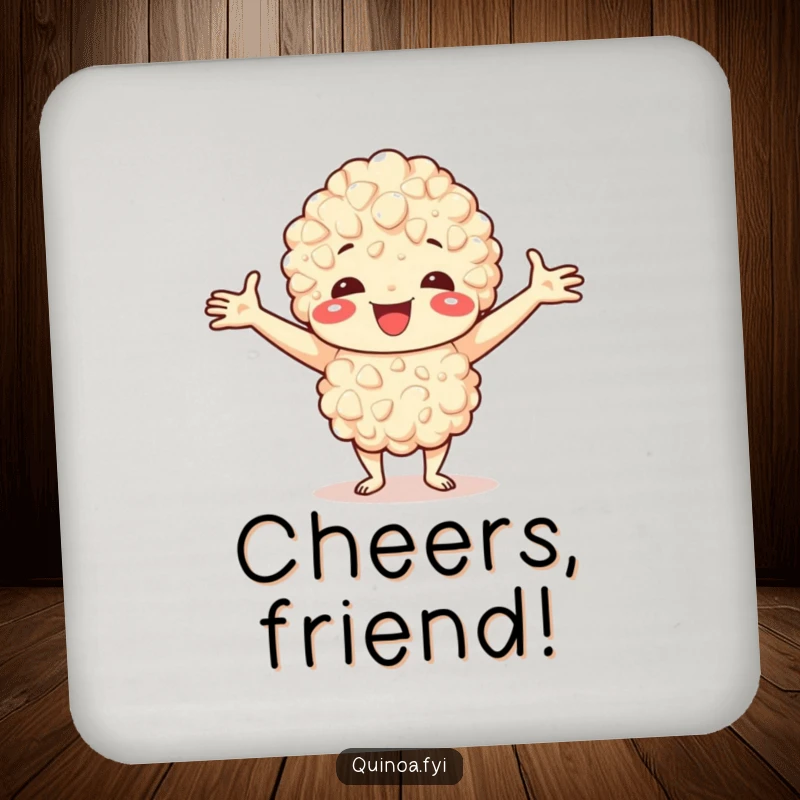 Funny coasters featuring a happy quinoa character with open arms, welcoming drinks with cheer.