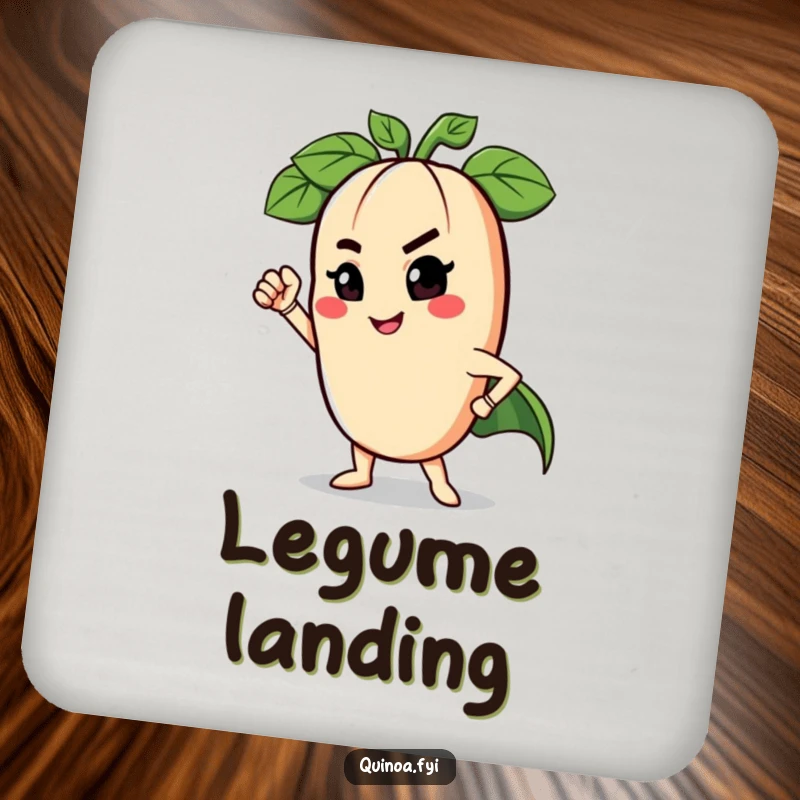 Funny drink coaster showing a charming anthropomorphic legume winking in a superhero pose, guarding your tabletops.