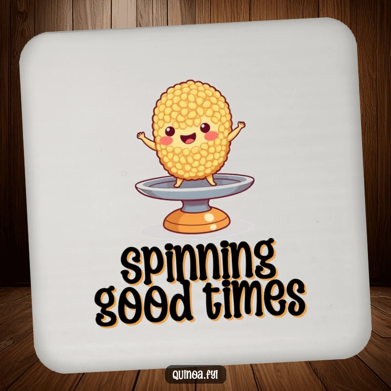 Funny Quinoa Coaster: A happy quinoa grain character balancing on a tiny spinning plate, guarding surfaces with humor and skill.