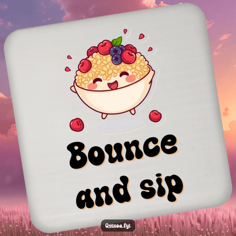 Funny coaster art of an anthropomorphic bowl of cooked quinoa with tiny berries joyfully bouncing, adding vibrant humor.