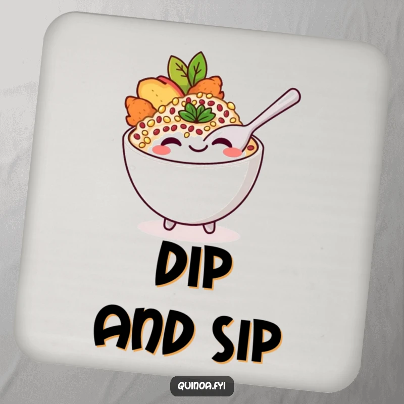 Funny drink coasters featuring a smiling quinoa bowl character with a playful spoon, adding delicious humor to any surface.