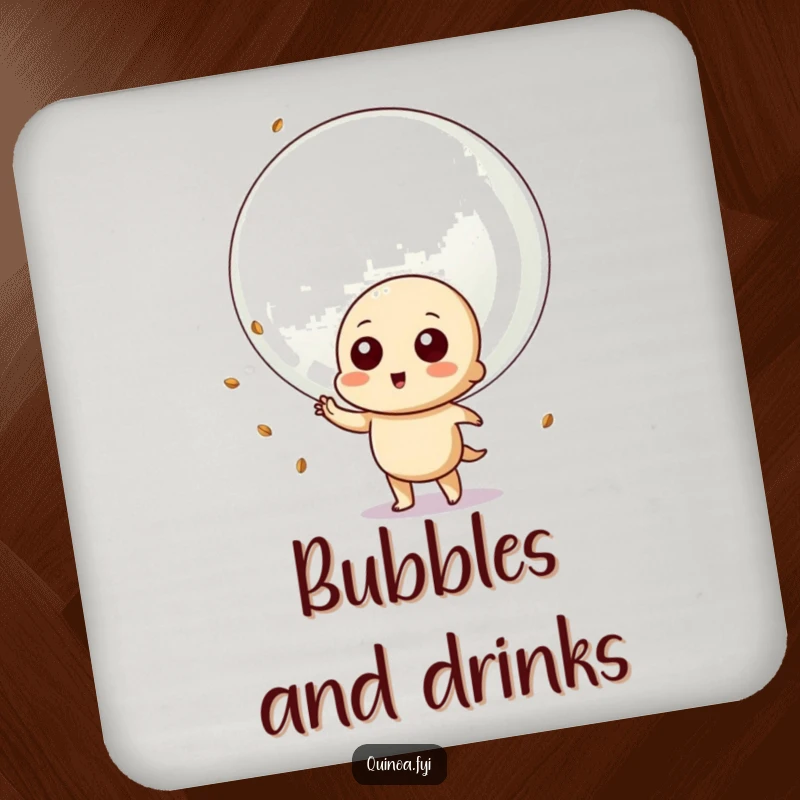 Funny drink coaster depicting a playful quinoa character blowing a giant bubble with quinoa seeds, adding cheerful fun to tabletops.