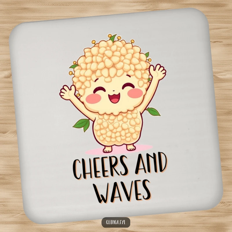 Funny coaster art of a smiling bunch of quinoa with arms waving happily, adding a friendly touch.