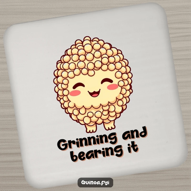 Funny drink coaster featuring a smiling quinoa cluster character with a cheeky grin, adding playful charm and surface protection.