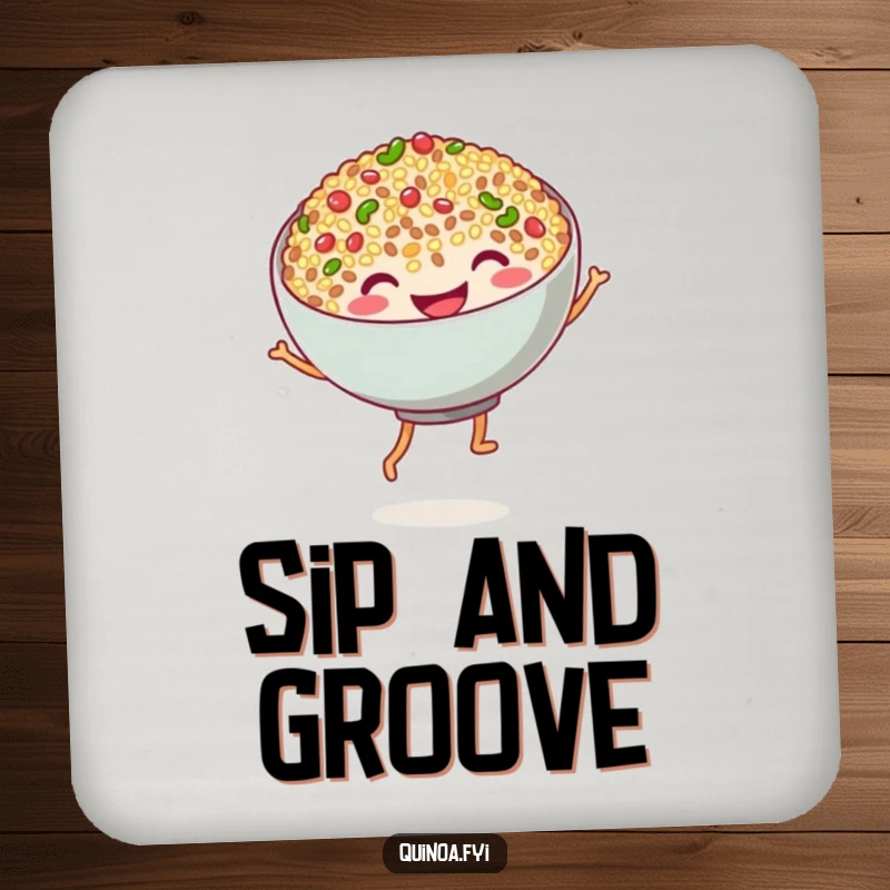 Funny quinoa dance coasters showing a grinning bowl of quinoa with stubby noodle legs in a dance, protecting surfaces with humor.