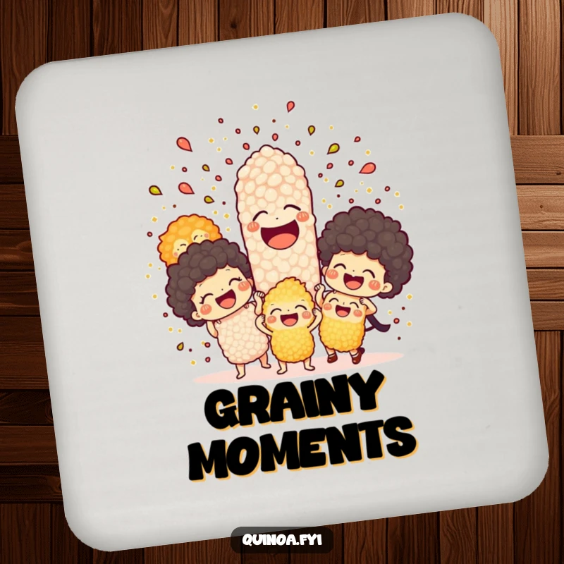 Funny drink coasters showcasing a vibrant explosion of joyful quinoa characters laughing heartily, protecting tabletops with humor.