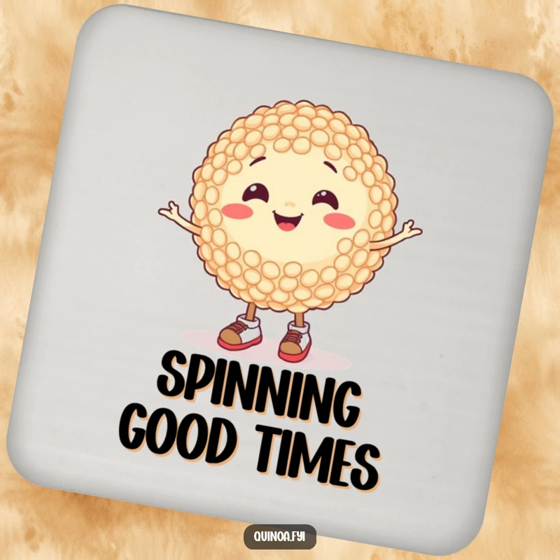 Funny drink coasters showing a happy quinoa grain wearing tiny shoes and spinning, protecting surfaces with humor, ideal for a funny gift.