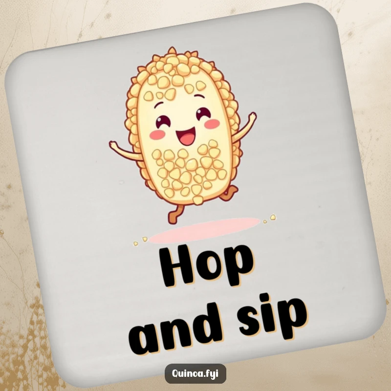 Funny drink coaster showcasing a delightful hopping quinoa grain character, designed to protect surfaces with a humorous and charming artistic touch.
