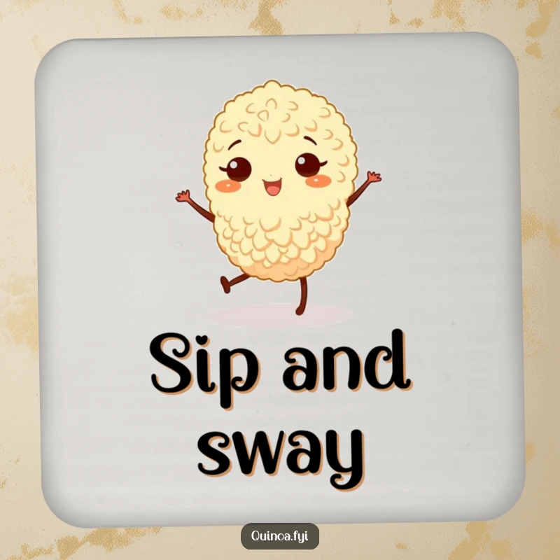 Funny coaster art of a joyful quinoa grain with legs doing a little jig, adding humor.