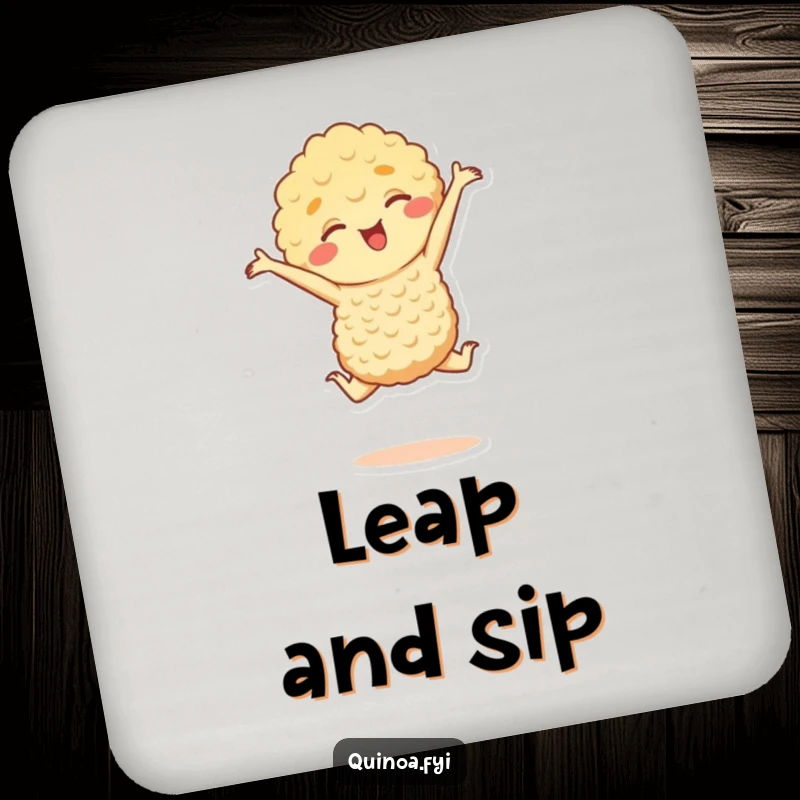Funny drink coasters featuring a joyful quinoa character leaping, protecting furniture with a humorous and healthy vibe, a unique funny gift.
