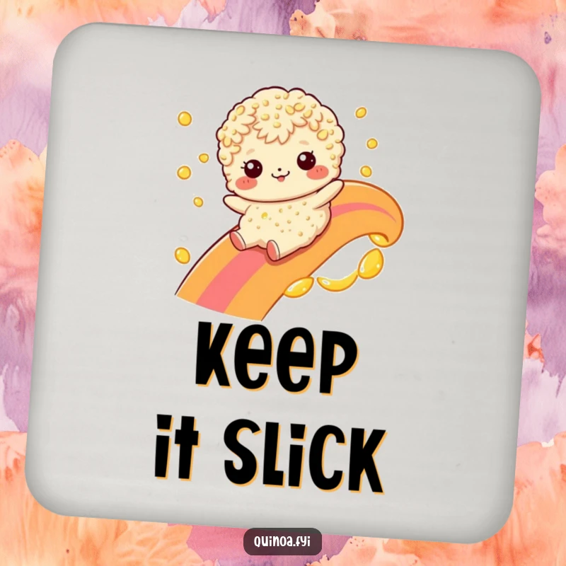 Funny quinoa character sliding down a rainbow made of oil on a drink coaster, a small but humorous addition.