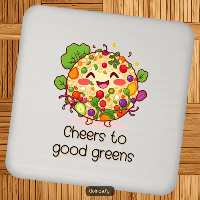 Funny quinoa salad character drink coaster, showing a smiling bowl of colorful ingredients, adding humor and protection to surfaces.