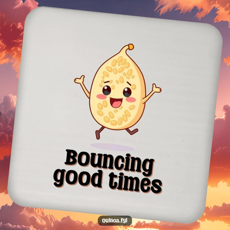 Funny quinoa seed character drink coaster, shown cheerfully bouncing, adding a touch of humor and protection to surfaces.