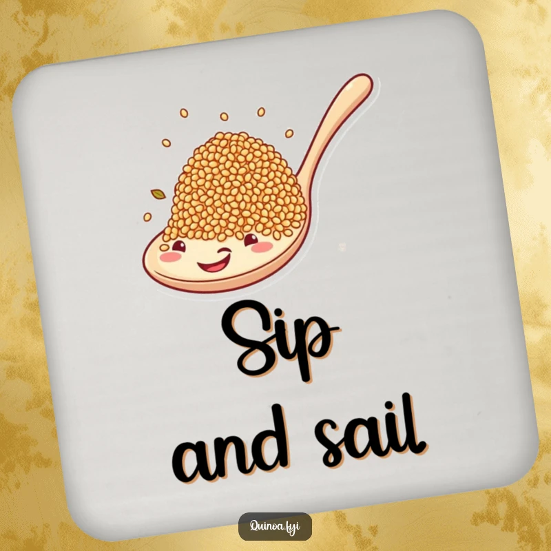 Funny coaster showing quinoa grains riding a happy spoon, adding a humorous touch to drink protection.