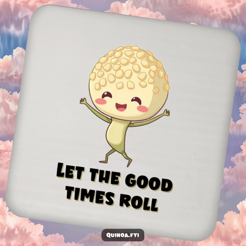Funny Quinoa Sprout Coaster featuring a dancing character with wiggling roots, adding a playful and protective element to any drink surface.