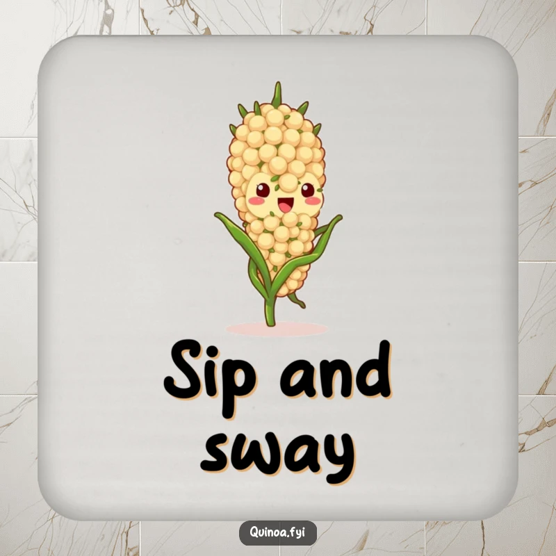 Funny quinoa stalk character drink coaster, depicted gently swaying, adding humor and protection to surfaces with a peaceful aura.