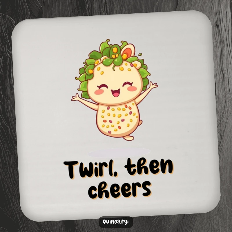 Funny anthropomorphic quinoa salad winking and twirling, a humorous coaster for your drink.