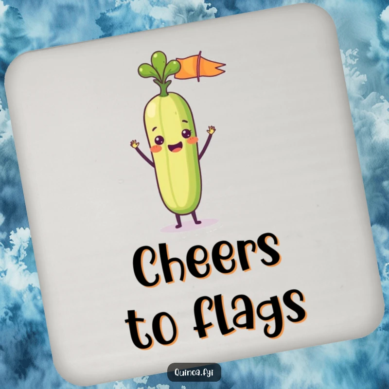 Funny drink coaster featuring a delighted anthropomorphic vegetable stick waving a tiny flag, adding a cheerful touch and humor to tabletops.