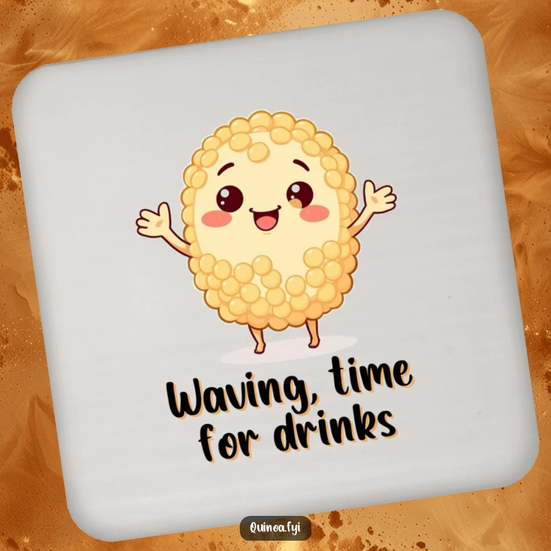 Funny anthropomorphic quinoa grain smiling and waving, a humorous coaster for your drink.