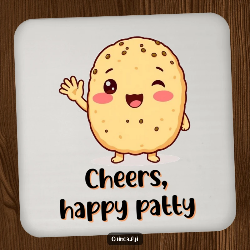 Funny anthropomorphic quinoa patty with a friendly wave, looking excited coasters, adding a cheerful and protective element to your drink service.
