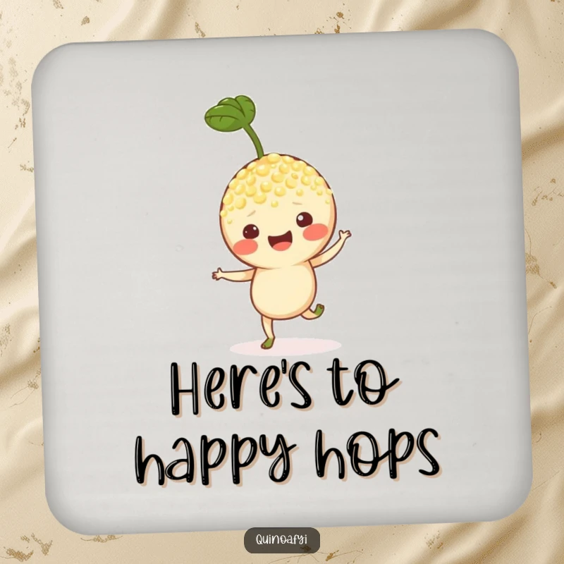 Funny drink coaster featuring a cheerful quinoa sprout character doing a hop, adding playful charm and surface protection.